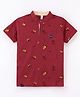 Earth Conscious Half Sleeves All Over Flowers & Leaves Printed Tee - Maroon