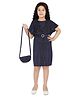 Peppermint Half Sleeves Cotton Striped Solid Colour Dress - Navy Blue