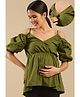 Shades Of Sabi Cold Shoulder Sleeves  Cotton Solid Colour Peplum Maternity Top - Olive Green