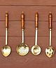 Indian Bartan Set of 4 Brass Ladles with Wooden Handles - Silver