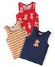 Babyhug 100% Cotton Single Jersey Knit Sando Stripes & Teddy Print Pack of 3 - Brown Navy Blue & Red