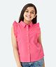 Olele Sleeveless Cotton Linen Ruffled Solid Colour Shirt - Red