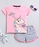 Little Marine Half Sleeves Dinosaur  Printed T Shirt with Shorts - Pink
