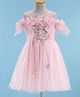 Kookie Kids Half Sleeves Knee Length Cold Shoulder Party Frock with Ruffles & Foil Print - Pink