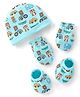 Babyhug 100% Cotton Knit Cap Mittens & Booties Set with Car Print - Blue