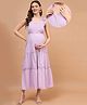 Sleeveless Shoulder Tie Up Detail Abstract Printed Tiered Maternity Maxi Dress - Lavender Purple
