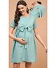 Shades Of Sabi Half Sleeves Floral Schiffli Embroidered Bow Knot Detail Maternity Dress - Blue