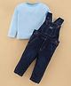 Simply Premium Cotton Denim Dungarees & Sets Full Sleeves Striped T-Shirt - Blue