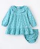 Simply Premium Cotton Woven Full Sleeves Frock with Bloomer Floral Print - Turquoise Blue