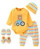 Babyhug 100% Cotton Full Sleeves Onesies  Bear Printed with Striped  Leggings Cap & Mittens Booties - Yellow