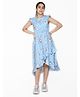 Saka Designs By Sapna Half Sleeves Cotton Overlapped Floral Printed High Low Dress - Blue