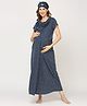Bella Mama 100% Cotton Knit Half Sleeves Nighty with Concealed Zipper Floral Print - Navy Blue