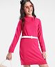 Pine Kids Full Sleeves Fine Knit Solid Color Sweater Dress with Belt - Pink