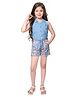 TINY BABY Sleeveless Solid Front Tie Up Top With Seamless Flowers Printed Shorts - Sky Blue
