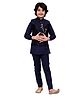 BT DEZINES Full Sleeves Geometric Pattern Embossed Kurta Pyjama Waistcoat Set - Navy Blue