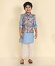 Lil Pitaara Full Sleeves Chevron Design Kurta With Floral Printed Asymmetrical Jacket & Pajama - Blue