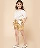 Piccolo Half Sleeves Floral Applique Detailed Top With Shimmer Shorts - Cream & Golden