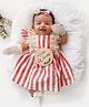 Halemons Cap Frill Sleeves Awning Candy Striped Crochet Lace Detail Cotton Weave Dress - Red
