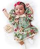 Halemons Half Sleeves Seamless Vintage Floral Printed & Frill Detailed Lace Embellished Pleated Dress - Green
