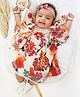 Halemons Half Sleeves Seamless Vintage Floral Printed & Frill Detailed Lace Embellished Pleated Dress - White