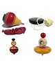 Funwood Games Wooden Spinning Tops Toys it Includes a Wooden Spinning Lattoo with Rope  a Wooden Umbrella String Top a Round Wind Up Top and a Bhingri Combo of 4 Toys - Assorted Color