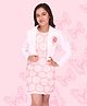 Cutecumber Full Sleeves Floral Embroidered Shift Dress With Flower Applique Embellished Open Front Shrug - Peach