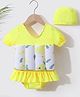 Kookie Kids Half Sleeves Duck Printed V Cut Swimsuit with Attached Float & Cap - Yellow