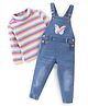 Babyhug 100% Cotton Knit Dungrees & Full Sleeves Top Stripes & Butterfly Applique - Yellow Pink & Blue