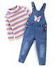 Babyhug 100% Cotton Knit Dungrees & Full Sleeves Top Stripes & Butterfly Applique - Yellow Pink & Blue
