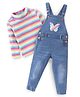 Babyhug 100% Cotton Knit Dungrees & Full Sleeves Top Stripes & Butterfly Applique - Yellow Pink & Blue