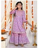 LIL PITAARA Third Fourth Bell Sleeves Floral Sequin Lace Embellished & Foil Striped Kurti With Sharara - Purple