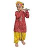 Aglare Janmashtami Theme Full Sleeves Bandhani Printed & Lace Embellished Kurta And Dhoti With Mukut & Bansuri - Red, Yellow, & Green
