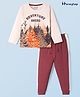 Honeyhap Premium Cotton Full Sleeves Trees Printed Bio Finished Night Suit - Ecru Melange & Fired Brick