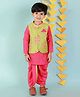 KID1 Full Sleeves Solid Kurta And Dhoti With Flower Printed & Diamond Checked Design Veer Jacket  - Green & Pink