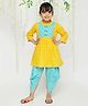 Three Fourth Sleeves Bandhej Designed Kurta With Coordinating Chevron Designed Overlapped Dhoti - Blue & Yellow