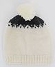 Woonie Handmade Pom Pom Detailing Colour Blocked Woollen Cap - Cream- Diameter-8.25 Cms