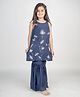 MR.BRAT Sleeveless Floral Embroidered Shoulder Tie Up Kurta Sharara Set - Navy Blue