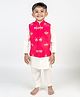 MR.BRAT Full Sleeves Solid Kuta & Pyjama With Dragonfly  Embroidered  Jacket Set - Coral Red