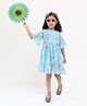 Qvink Three Fourth Frill Sleeves Floral Printed Dress - Blue