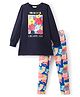Primo Gino 100% Cotton Full Sleeves T-Shirt & Legging Set With Floral Print - Navy Blue & Pink