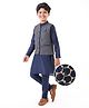 EARTHY TOUCH Woven Full Sleeves Solid Colour Kurta Pyjama Set with Embroidered Jacket - Navy Blue
