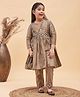 Vastramay Three Fourth Sleeves  Leaves Motif Printed Anarkali Kurta & Churidar  With Potli Bag - Brown