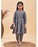 Vastramay Three Fourth Sleeves  Leaves Motif Printed Anarkali Kurta & Pyjama  With Potli Bag -  Grey