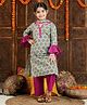 Vastramay Three Fourth Bell Sleeves Floral Motif Printed Kurta Pant And Dupatta - Green And Pink