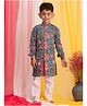 Vastramay Full Sleeves Jaipuri Floral Printed Kurta With Pyjama - Aqua Blue, Red, & White