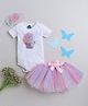 TINY MINY MEE Half Sleeves Floral Applique Cupcake Onesie & Tutu Skirt With Bow Applique Headband - White