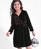 Hola Bonita Full Sleeves Party Wear Velvet Sequin Over Lapping Dress  with Bow Applique - Pink & Black