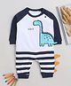 BUMZEE Full Sleeves Dinosaur Printed & Striped Romper - White & Navy Blue