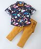 ToffyHouse Cotton Full Sleeves Rainbow Printed Shirt & Trouser Set with Bow Tie & Suspenders - Navy Blue & Gold