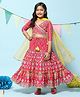 BIBA  Three Fourth Sleeves Gota Patti  Embellished  Flower & Block Printed Tiered Lehenga Set - Pink
